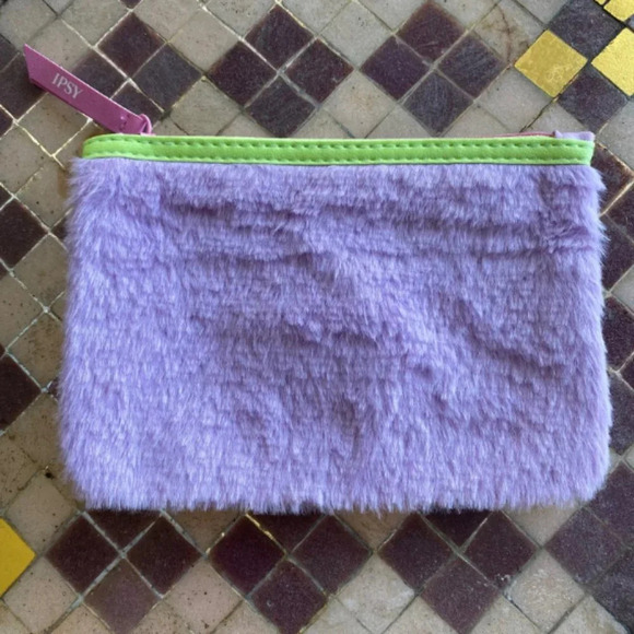 Like New Ipsy Fuzzy Furry Lavender Purple and Neon Green Cosmetics Pouch Bag - Picture 1 of 2